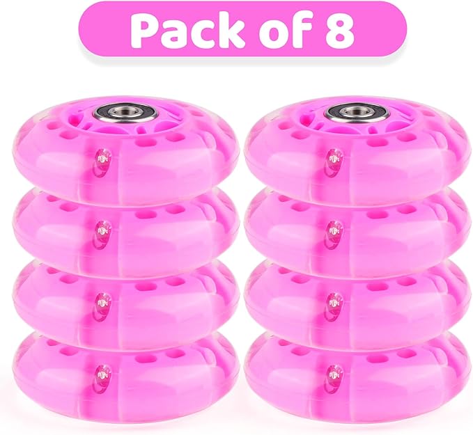 8pcs Inline Skate Wheels Led Light-Up Wheels 64/70/72/76/80mm w/Bushings 85-88A for Kids and Youth Beginners Children's Inline Skates Indoor/Outdoor Use (Pink, 76mm)
