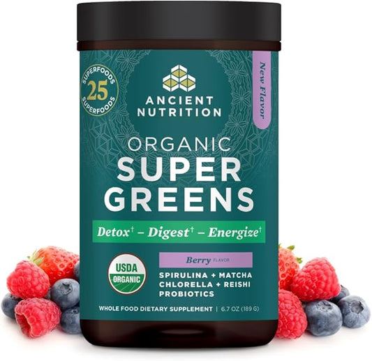 Ancient Nutrition SuperGreens Powder with Probiotics, Organic Berry Flavor Greens, Made from Real Fruits, Vegetables and Herbs, Digestive and Energy Support, 25 Servings, 6.7oz