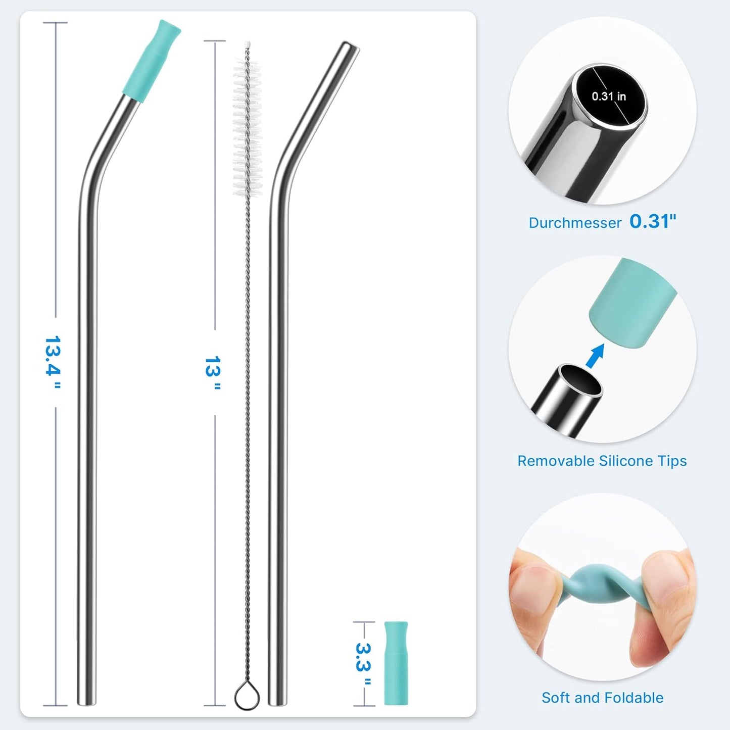 2 Pcs Stainless Steel Straw with Silicone Tips for 40 oz Stanley Tumbler, Repeatable 40 oz Metal Straws for Stanley Adventure Quencher Travel Tumbler Cup, BPA Free（Light Green）
