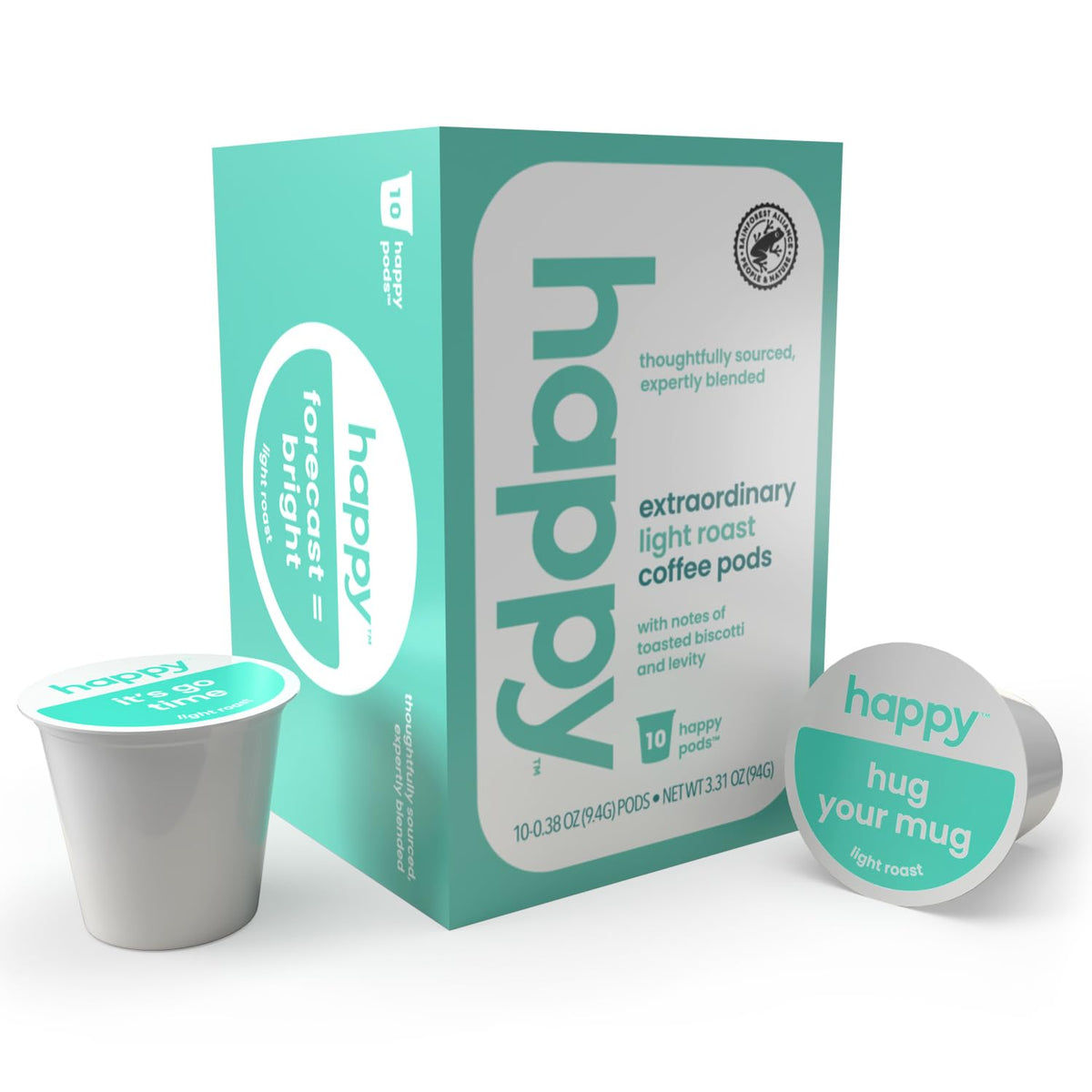 happy coffee light roast coffee pods, 10 count, notes of toasted biscotti and levity, compatible with most K-cup brewers, rainforest alliance certified