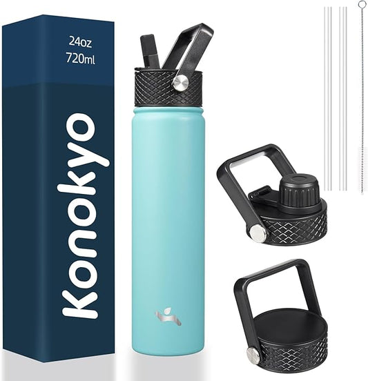 Insulated Water Bottle 24oz Stainless Steel Sport Bottles with 3 Lids,Turquoise