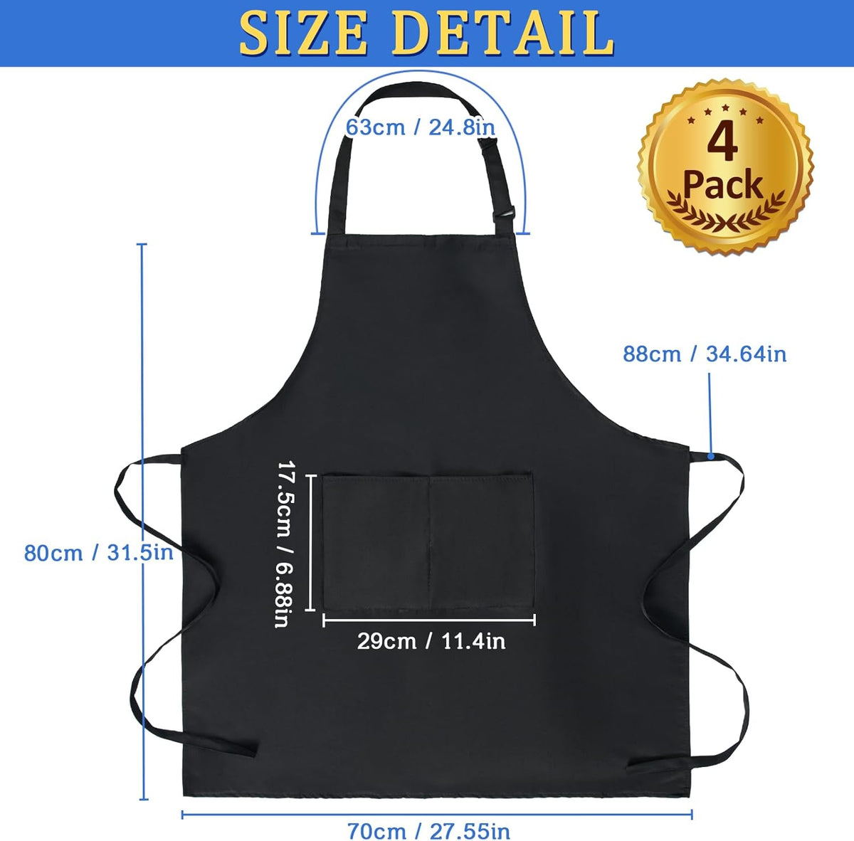 4 Pack Chef Apron, Adjustable Apron with 2 Pockets, Unisex Personalised Apron for Cooking, Kitchen, Restaurant