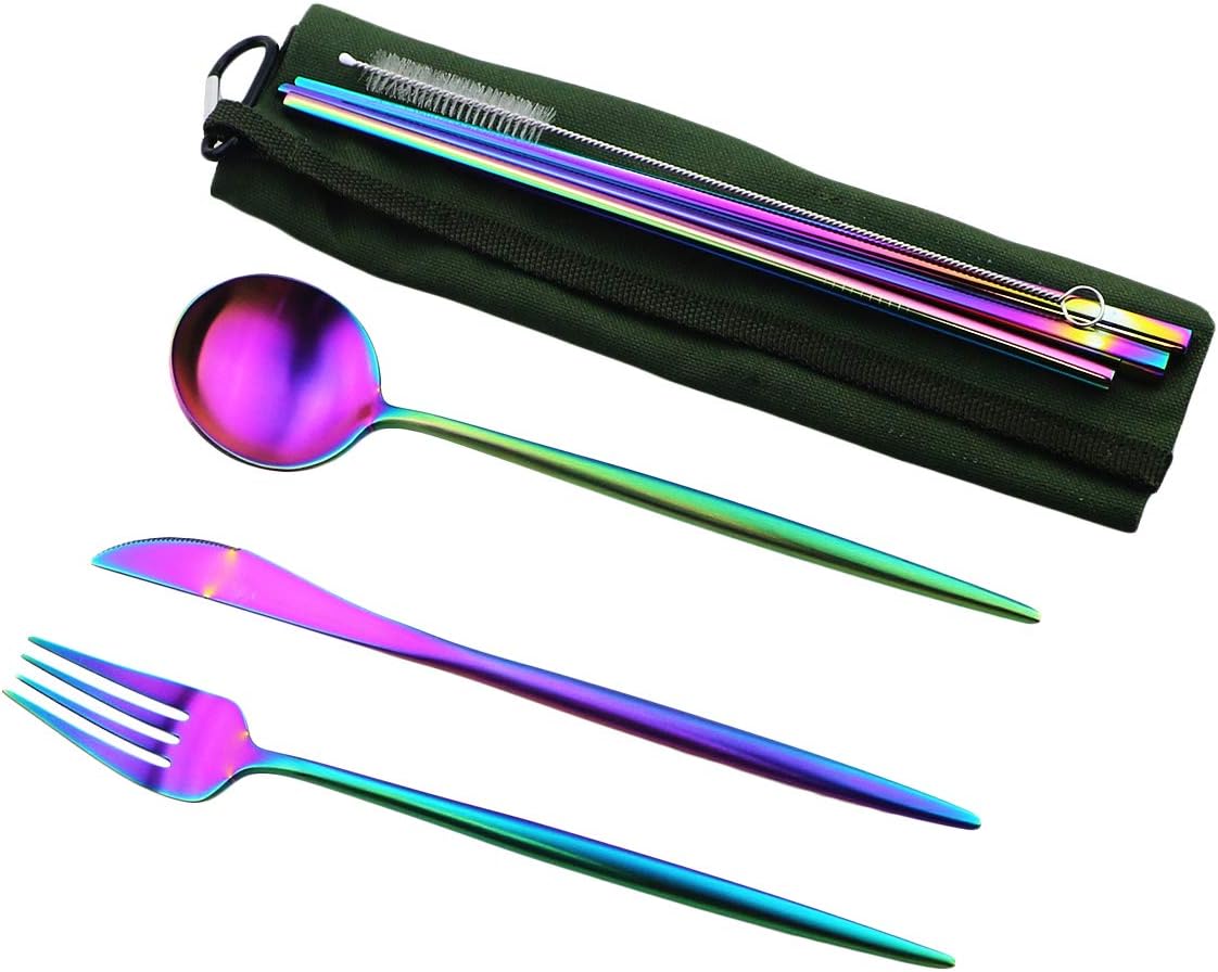 Gugrida Reusable Travel Utensils, 7 Piece Portable 304 Stainless Steel including Knife Fork Spoon Chopsticks Cleaning Brush Straws Portable Pouch, Eco-friendly Camping Silverware Set, Dishwasher Safe
