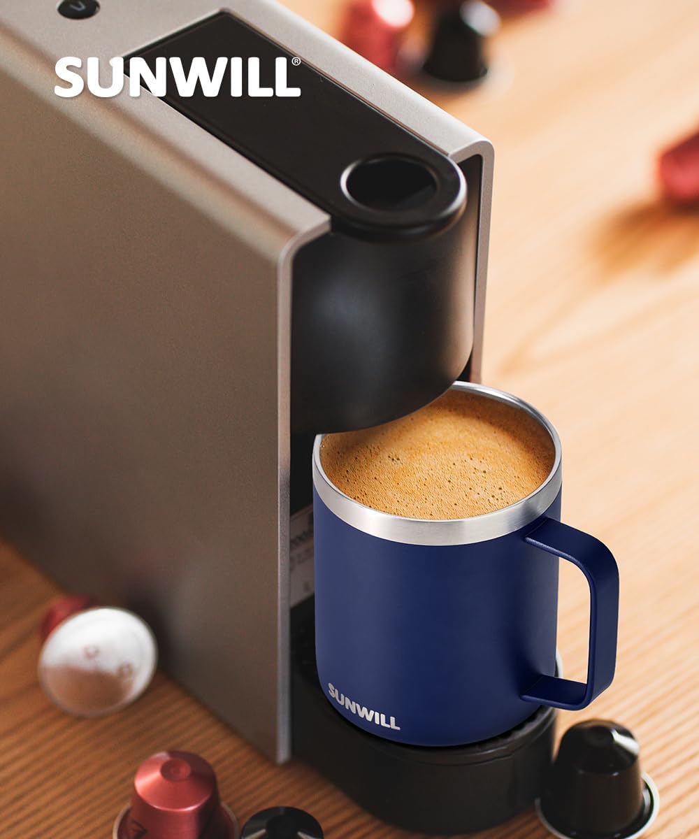 SUNWILL Travel Coffee Mug Set of 2, Insulated Tumbler with Lid, 14 oz Stainless Steel Cup with Handle for Camping, Office, Home, Powder Coated Navy Blue & Wine Red