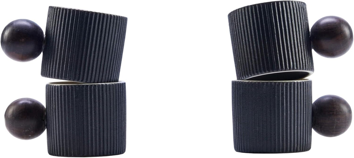 Ceramic Mini Espresso Cups Demitasse Cups with Round Wooden Handle Vertical Stripes Tea Cups (black, 4pcs)