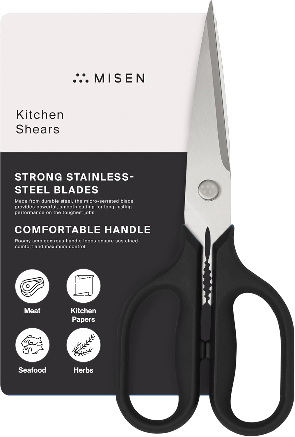 Misen Heavy Duty Kitchen Shears - Stainless Steel, Versatile and Easy Clean Scissors for Meat, Herbs and Veggies - Ambidextrous Comfort Handle - Professional Grade - Black