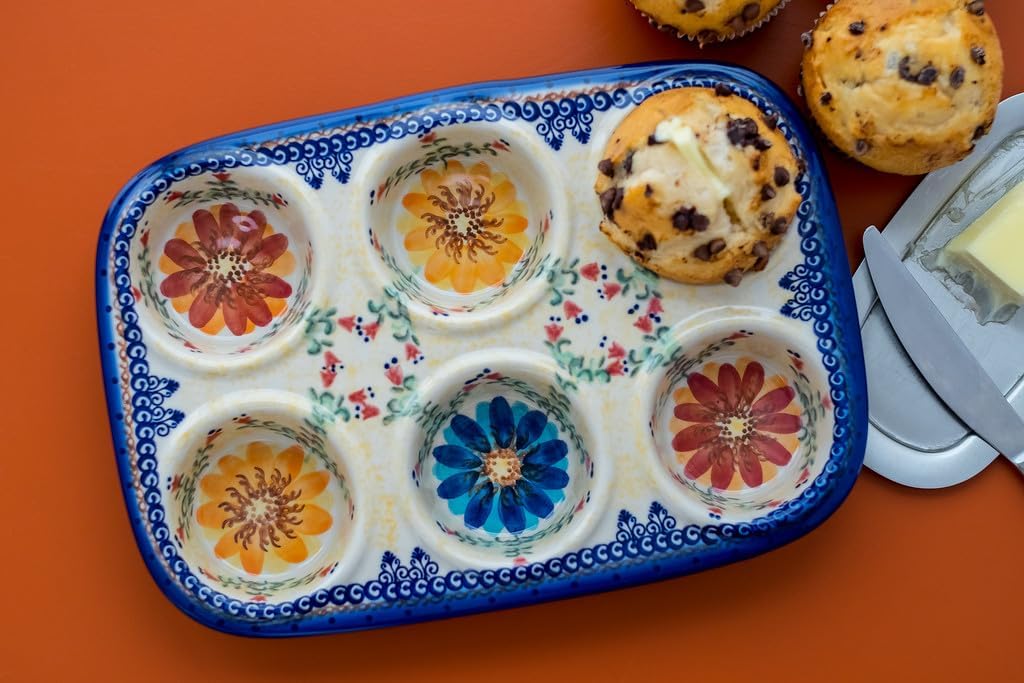Blue Rose Polish Pottery - Orange Autumn Burst Muffin Pan - 12" x 8" - Ceramic Baking Dish, 6-Cup Muffin & Cupcake Pan