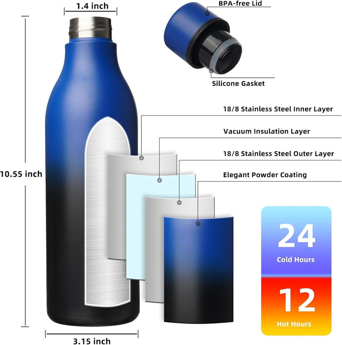 BJPKPK Insulated Water Bottles, 25 oz Stainless Steel Metal Water Bottle with Strap, BPA Free Leak Proof Thermos, Mugs, Flasks, Reusable Water Bottle for Sports & Travel, Blue Black