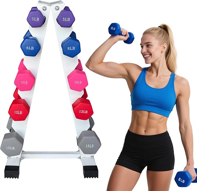 6-10 Pair Iron and Rubber Dumbbell Set 350/450 and 550 lbs 5-50 lbs Hand Free Weight for Strength Hex Coated Weights with Vertical Storage Rack Home Gym 5-50 lb - Black