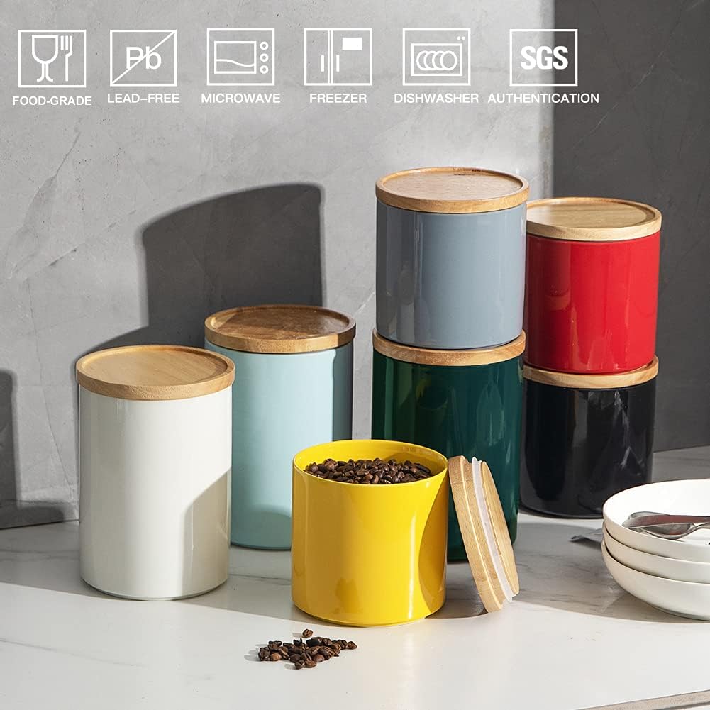 Sweejar Kitchen Canisters Ceramic Food Storage Jar, Stackable Containers with Airtight Seal Wooden Lid for Serving Coffee Bean, Flour, Tea, Spice and More - 39 Fl Oz (Jade)