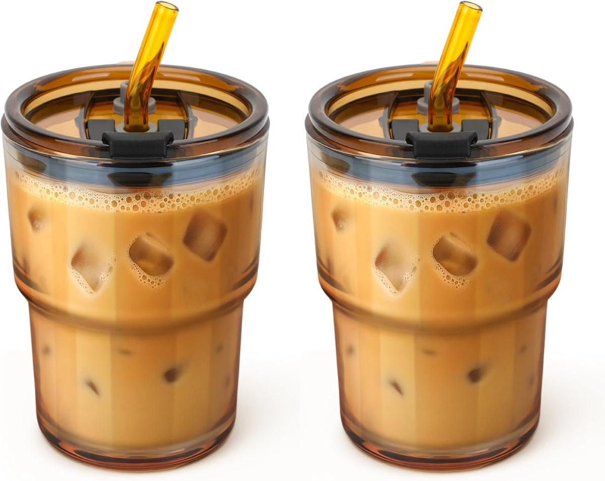 13 oz Glass Tumbler with Glass Straw and Lid, Leak-Proof Reusable Travel Cup for Iced Coffee, Tea, Matcha, Fruit Juice – Thick Wall Clear Water Bottle (Amber, 2 Pack)