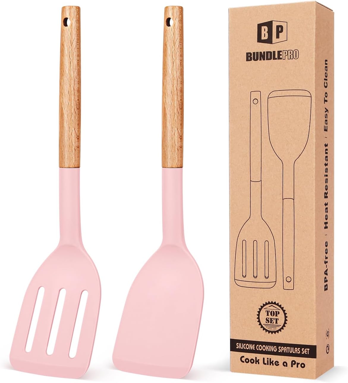 Pack of 2 Silicone Cooking Spatula, Heat Resistant Solid Turner, Non Stick Slotted Spatulas with Wooden Short Handle,Ideal Wood Kitchen Utensils Set for Frying, Baking, Flipping, Turning