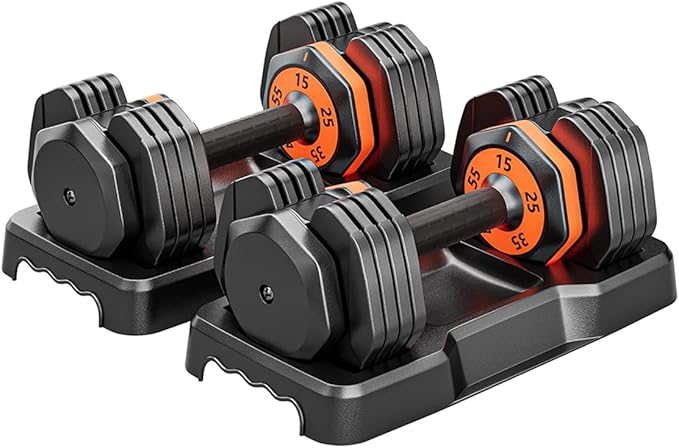 VEICK 25/55 lbs Adjustable Dumbbell with Anti-Slip Turning Handle, Fast Adjust Weight for Men Women, Exercise Equipment with Tray for Home Gym Full Body Workout Fitness