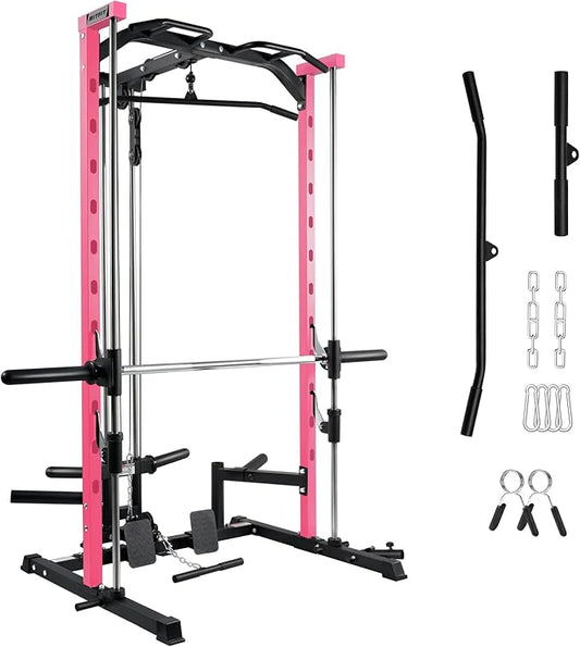 RitFit Smith Machine Power Rack with LAT-Pull Down System, Landmine, Barbell Bar, Plate Storage Pegs and More Training Attachment