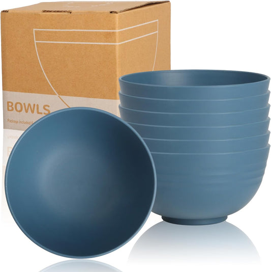 6-piece Wheat Straw Bowls sets 26oz,Alternative Plastic Bowls Reusable for indoors and outdoors,Microwave-able and Dishwasher Safe Bowls Sets Easy to Clean.Blue Series