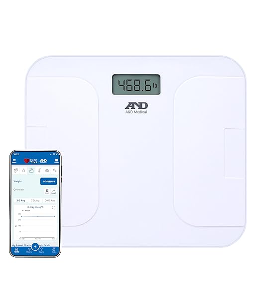 A&D Medical Digital Body Weight Scale, UC-356BLE Bluetooth Bathroom Weight Machine, UltraWide Platform and Large Display, Syncs with A&D App,550lb (249kg), Batteries Included, White