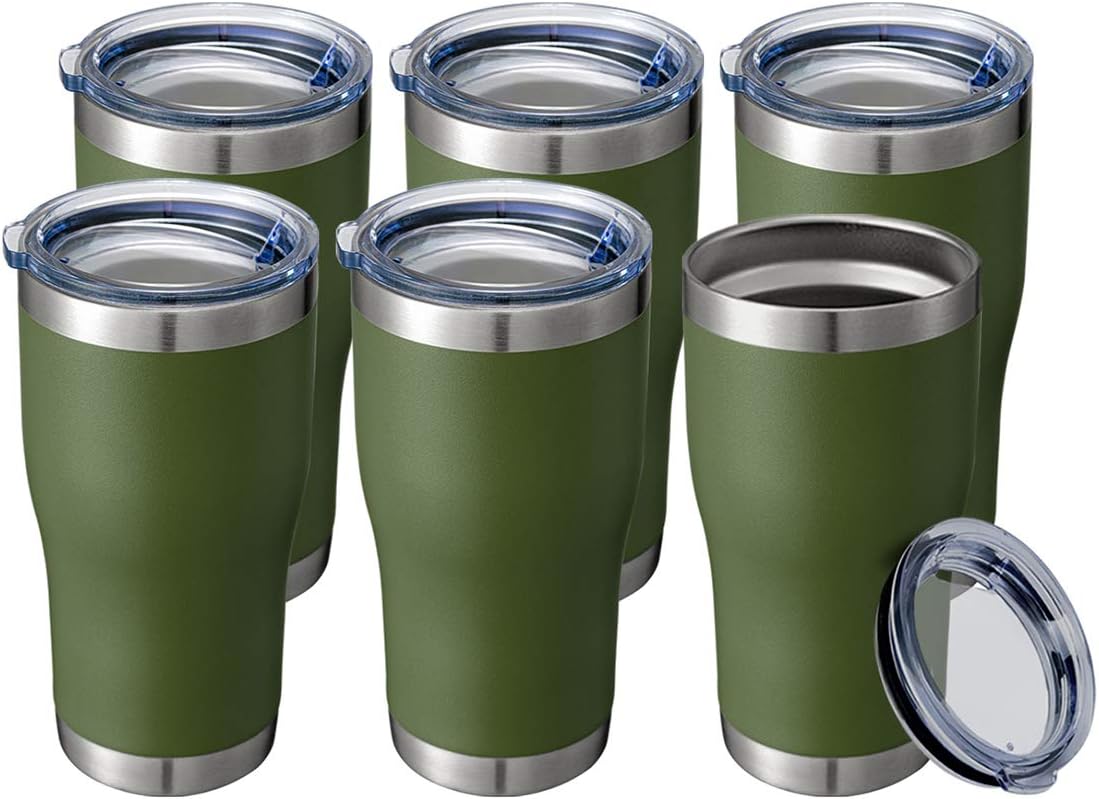 HASLE OUTFITTERS 20 oz Tumbler Bulk, Stainless Steel Tumblers with Lid, Vacuum Insulated Tumbler, Double Wall Powder Coated Cup, coffee mugs, Army Green, 6 Pack