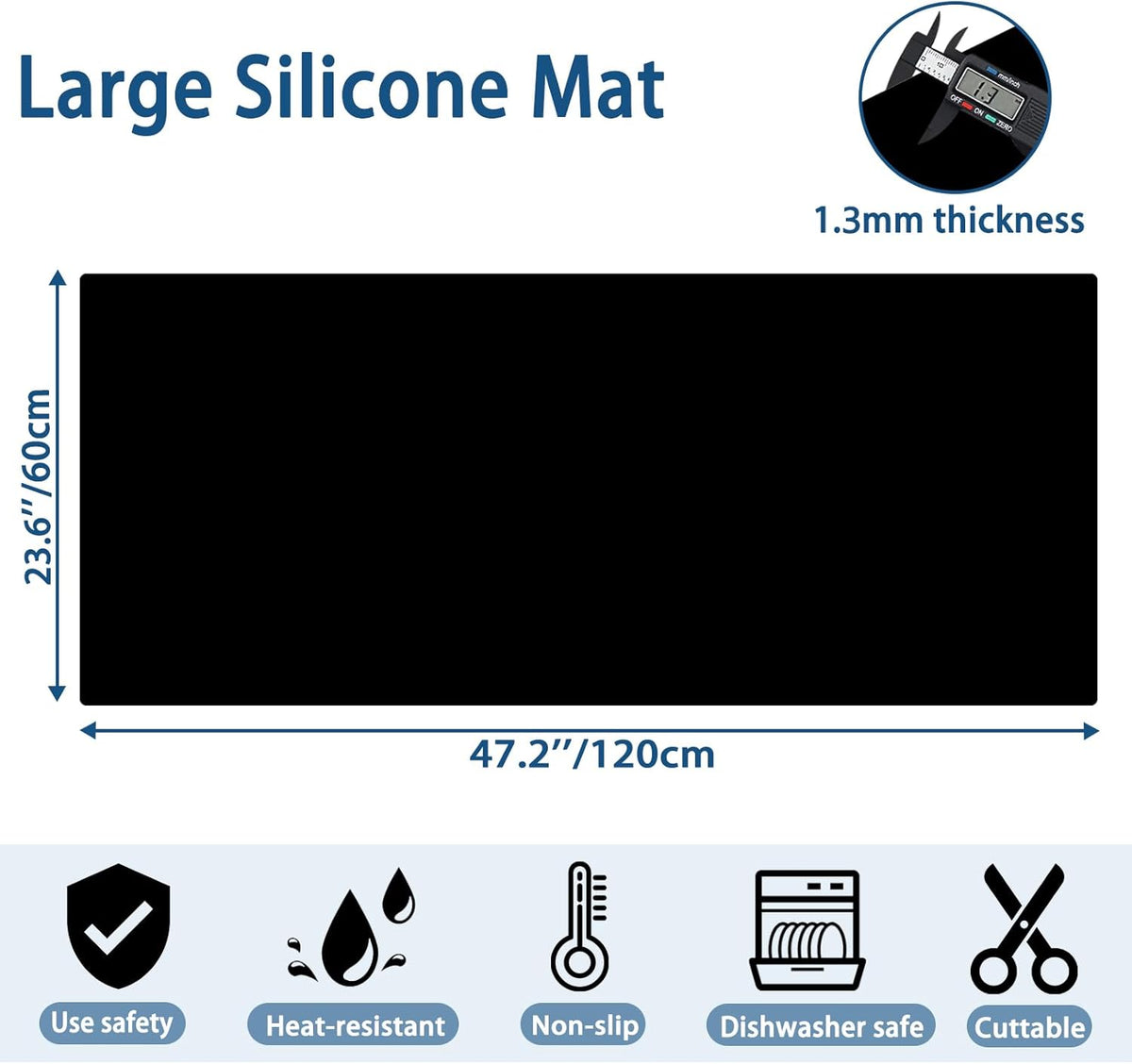 47.2"x23.6" Large Silicone Mat for Kitchen Counter, Heat Resistant Non-Slip Countertop Protector, Waterproof Silicone Craft Mat for Kitchen Island, Black