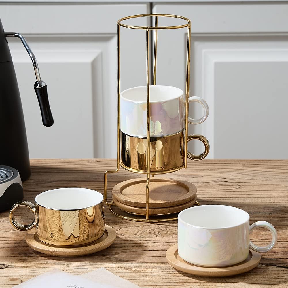 LUKA Porcelain Espresso Cup with Saucers and Metal Stand - 6 Ounce Stackable Ceramic Demitasse Espresso Mugs Cappuccino Cups Set for Latte, Coffee, Cafe Mocha, Tea - Set of 4,Shimmer Golden