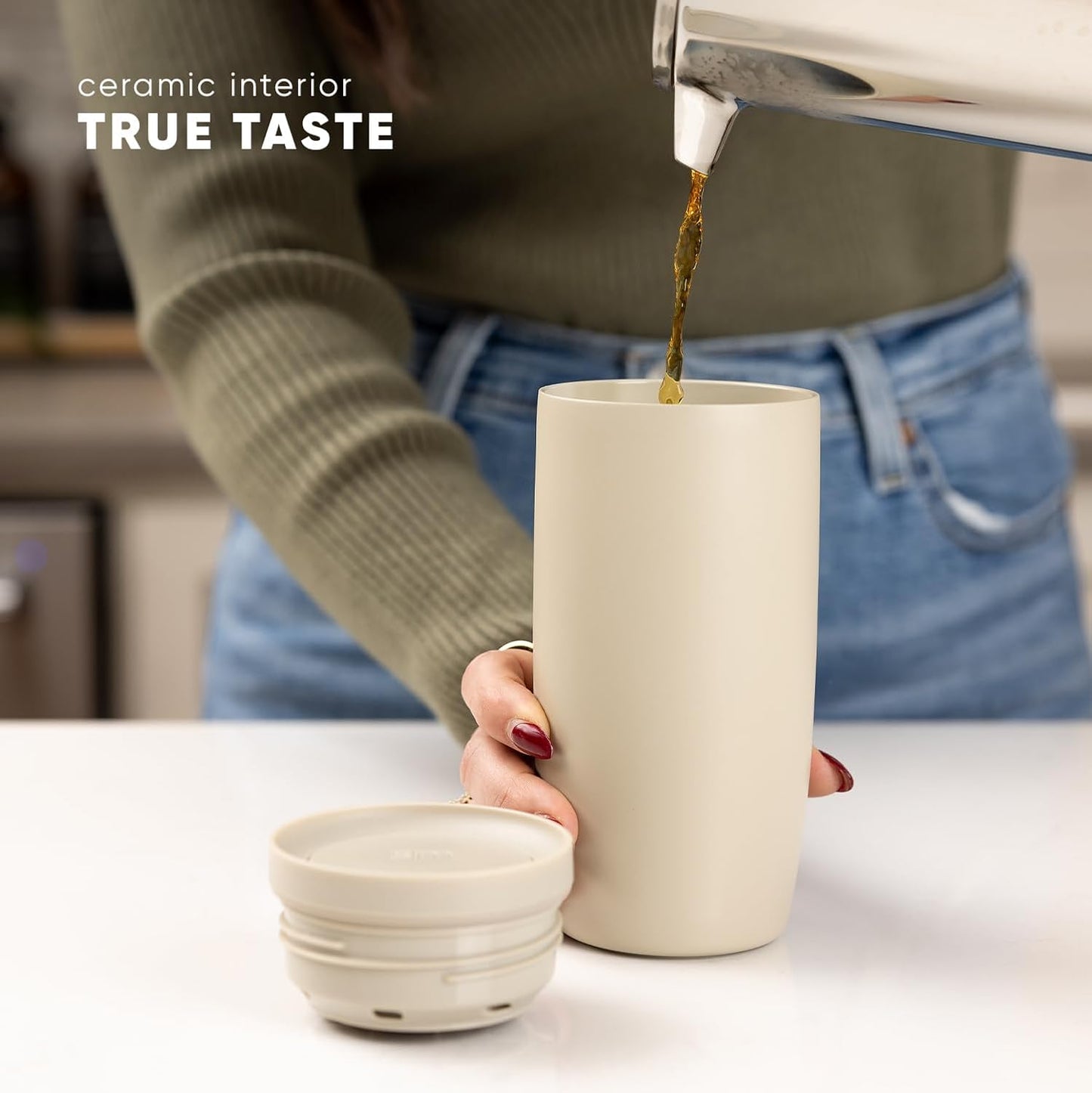 Simple Modern Travel Coffee Mug Tumbler with 360° Lid | Ceramic-Lined Insulated Stainless Steel Cold Brew Iced Coffee Cup Thermos | Gift for Women Men Her Him | Voyager Signature | 16oz | Winter White