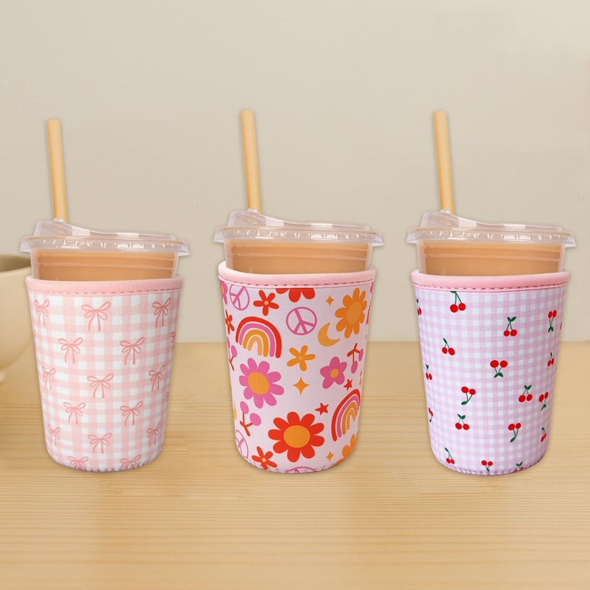 Reusable Insulated Neoprene Iced Coffee Cup Sleeve, Durable Drink Sleeve for Cold Beverages, Beverage Holder for Iced Coffee, Pink Cherry