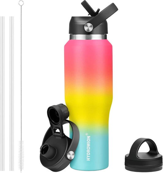 40 oz Insulated Water Bottle with Straw fit in Car Cup Holder(Cold 48 hrs, Hot 24 hrs) Drinking Bottle with Straw Lid, Spout Lid and Flex Cap Leakproof Travel Thermo Mug，Red - Yellow - Blue