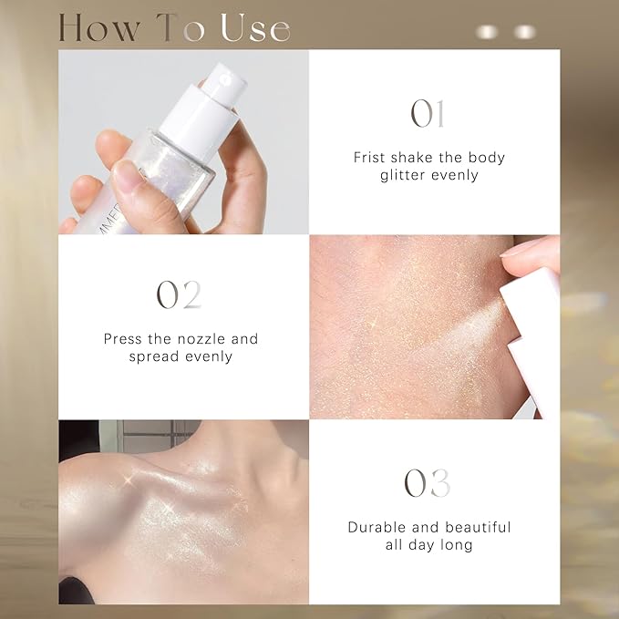 Body Glitter Spray, Moisturizing Bronze Body Shimmer Luminizer Glow Illuminator Quick-Drying and Non-Sticky Liquid Highlighter Spray for Face Hair Glitter, 60ML -Silver