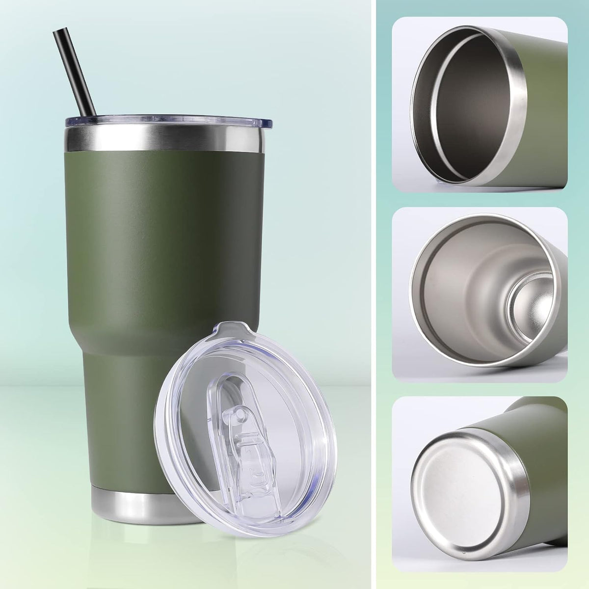 DOMICARE 30 oz Tumbler with Lid and Straw, Stainless Steel Tumblers Bulk, Insulated Vacuum Double Wall Travel Coffee Mug, Durable Powder Coated Tumbler Cups (Army Green, 8)