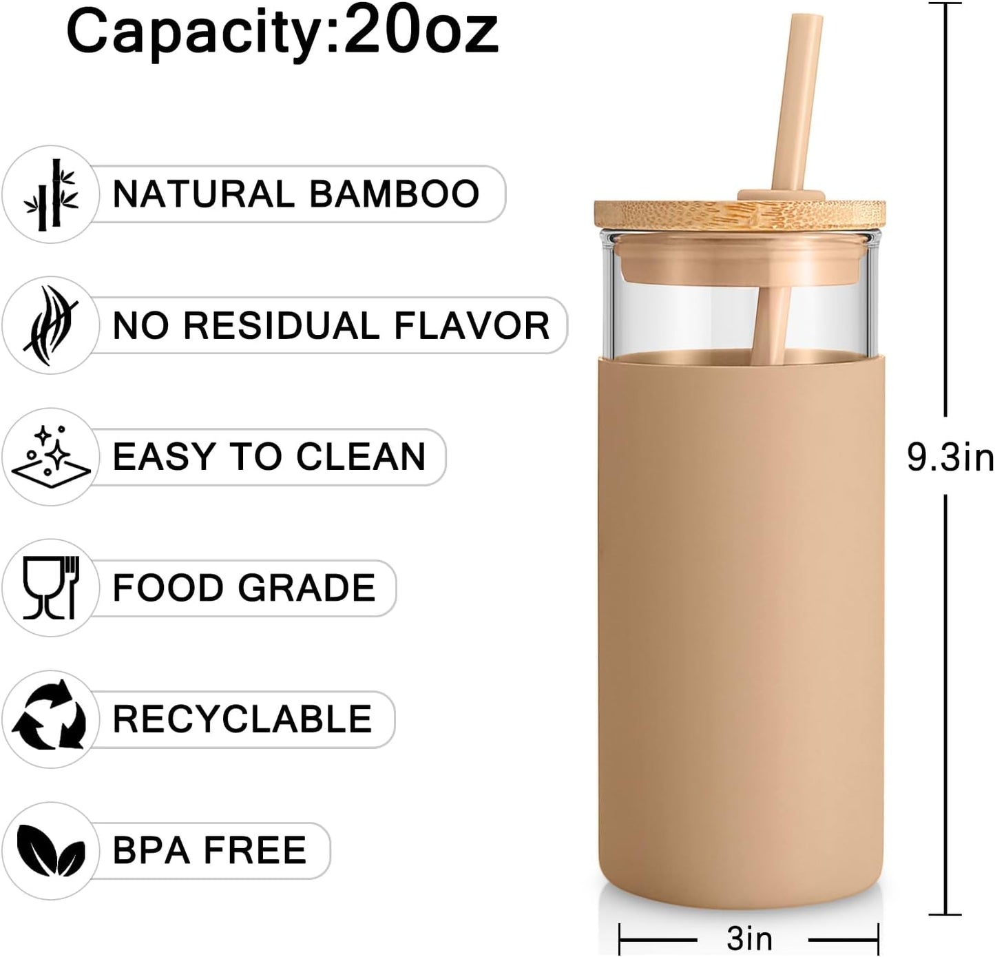 Tronco 20 oz Glass Tumbler Glass Water Bottle Straw Silicone Protective Sleeve Bamboo Lid - BPA Free- Amber/2 Pack