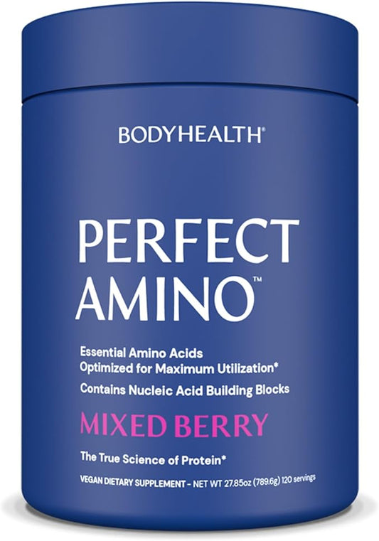 BodyHealth PerfectAmino Powder - BCAA and EAA Powder for Pre and Post Workout - Amino Acid Energy Drink for Men and Women to Support Lean Muscle and Recovery - Mixed Berry - 120 Servings