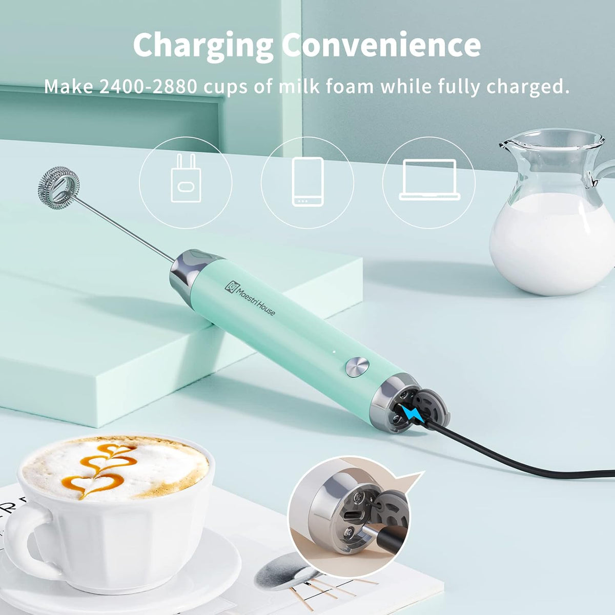 Maestri House Rechargeable Milk Frother with 3 Heads, LunaFro AS Handheld Electric Foam Maker Waterproof Detachable Stainless Steel Whisk Drink Mixer Foamer with Stand for Lattes, Cappuccino, Egg