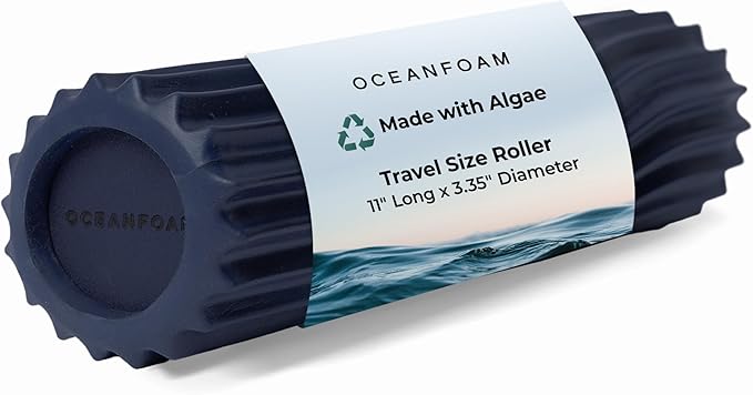 Oceanfoam Ripple Travel Foam Roller (11" x 3.35") Firm Mini Foam Roller for Physical Therapy, Deep Tissue Massage, Back Pain, High Density, Ergonomic Wave Textured, Yoga, Pilates, Exercise (Dark Navy)