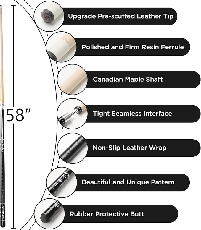 Billiard Cues Stick, 58" Pool Cues Canadian Maple Wood Leather Pattern Grip 18 19 20 21 oz Pool Cue Stick for Bar House Pool Table Sports