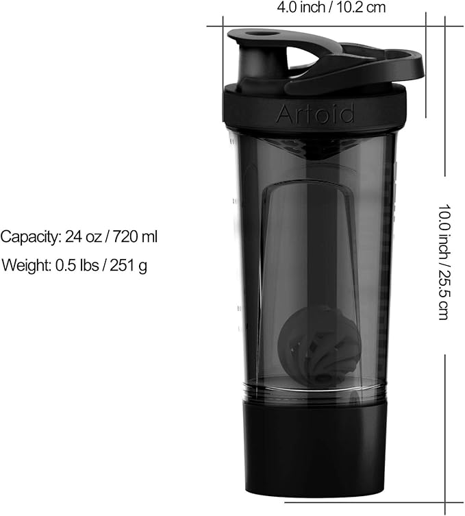 Artoid Mode Inspirational Fitness Workout Sports Protein Shaker Bottle 24-Ounce, Dual Mixing Technology with Shaker Balls & Mixing Grids Included, Twist and Lock Protein Box Storage Included