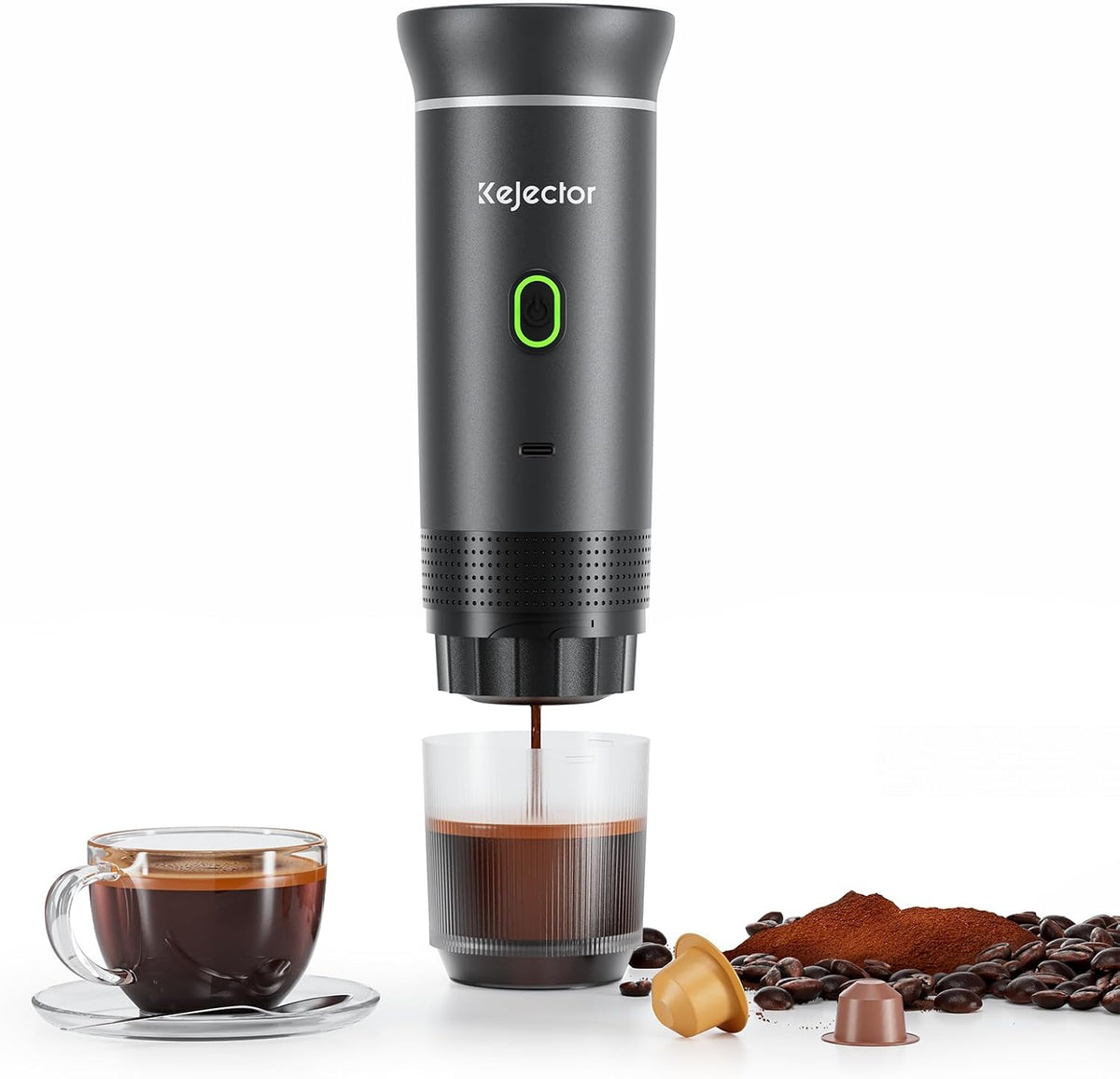 kejector Portable Coffee Maker Espresso Machine for Travel Nano Car Coffee Maker Compatible with Ground Coffee & NS Capsule for RV, Hiking Camping Office, Travel Espresso Maker Electric Gray