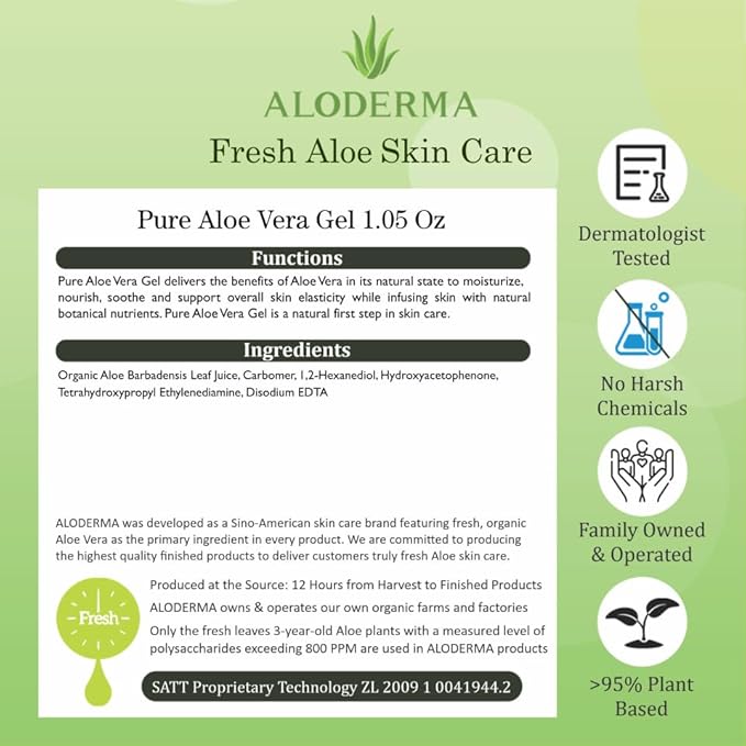 Aloderma 99% Organic Aloe Vera Gel Made within 12 Hours of Harvest, Easy Travel Size Tube for Body, Face, & Scalp, Cooling, Soothing Instant Relief for Skin & Sunburn, Hydrating Aloe Gel, 1.5oz
