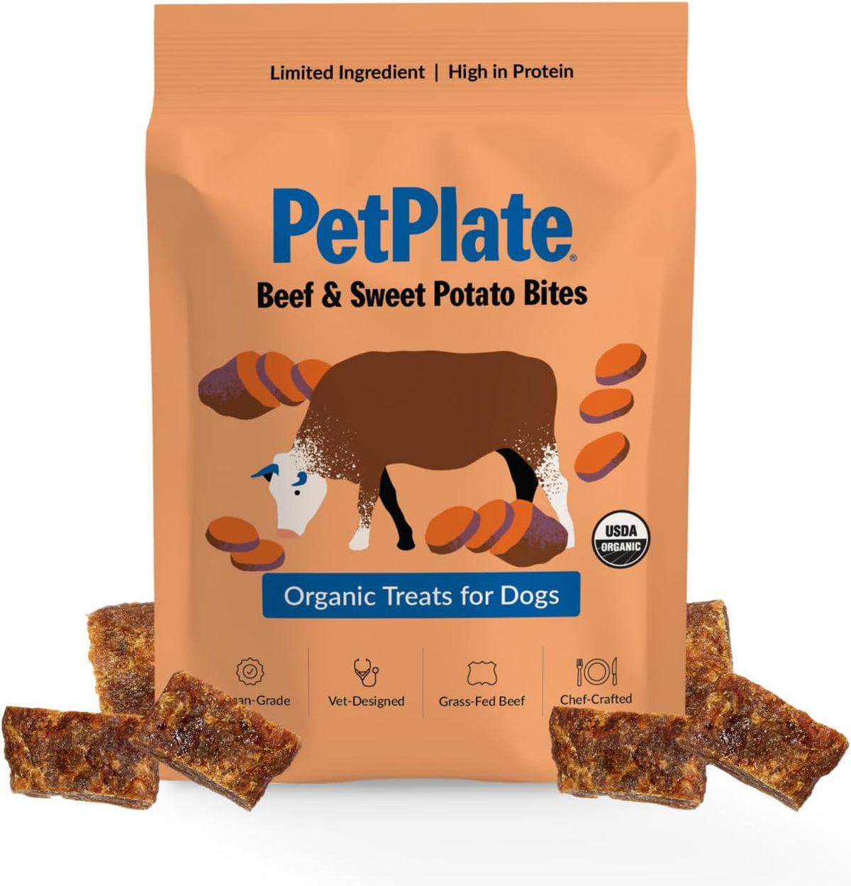 PetPlate Beef and Sweet Potato Bites, Human Grade Dog Treats, All Life Stages, Grain-Free, Organic and Real Ingredients, High Protein, Healthy Snacks (Pack of 1, 4.5 Ounce)