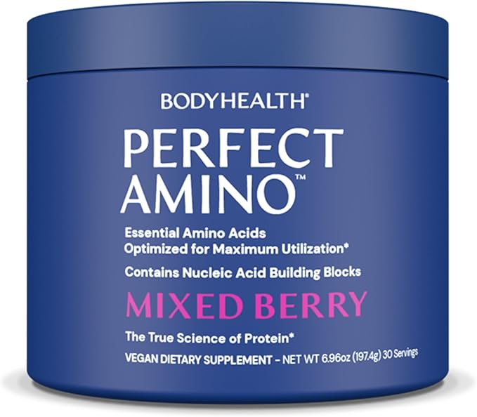 BodyHealth PerfectAmino Powder - BCAA and EAA Powder for Pre and Post Workout - Amino Acid Energy Drink for Men and Women to Support Lean Muscle and Recovery - Mixed Berry - 30 Servings