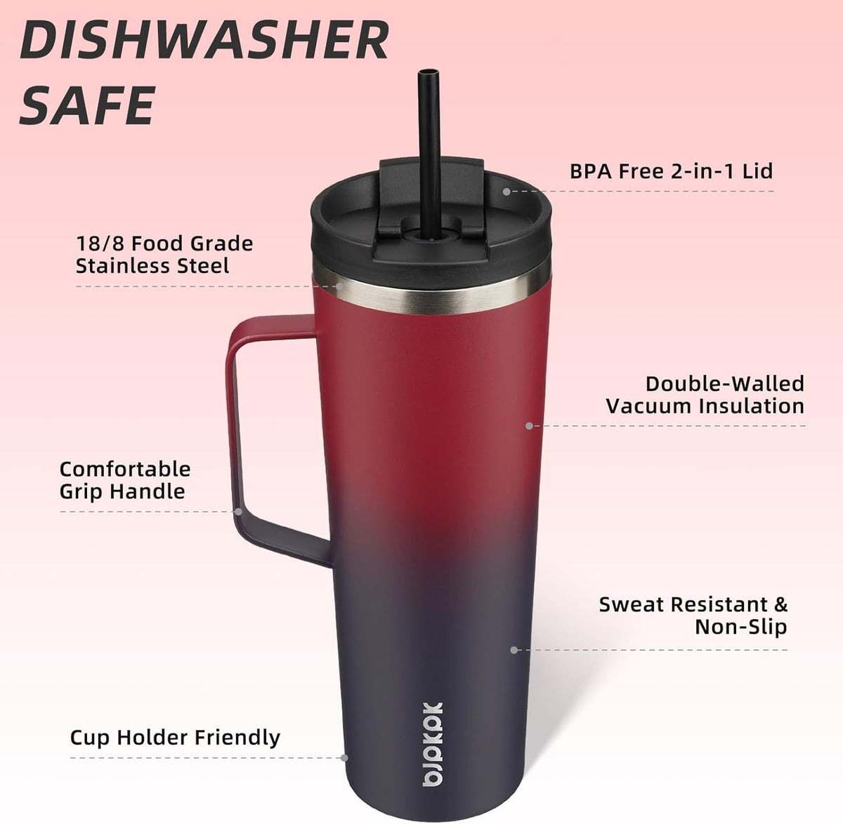 BJPKPK Insulated Tumbler with Handle, 30oz Insulated Tumblers with Lid and Straw, Stainless Steel Metal Water Bottles, Coffee Travel Mugs, Cups, Charming Red