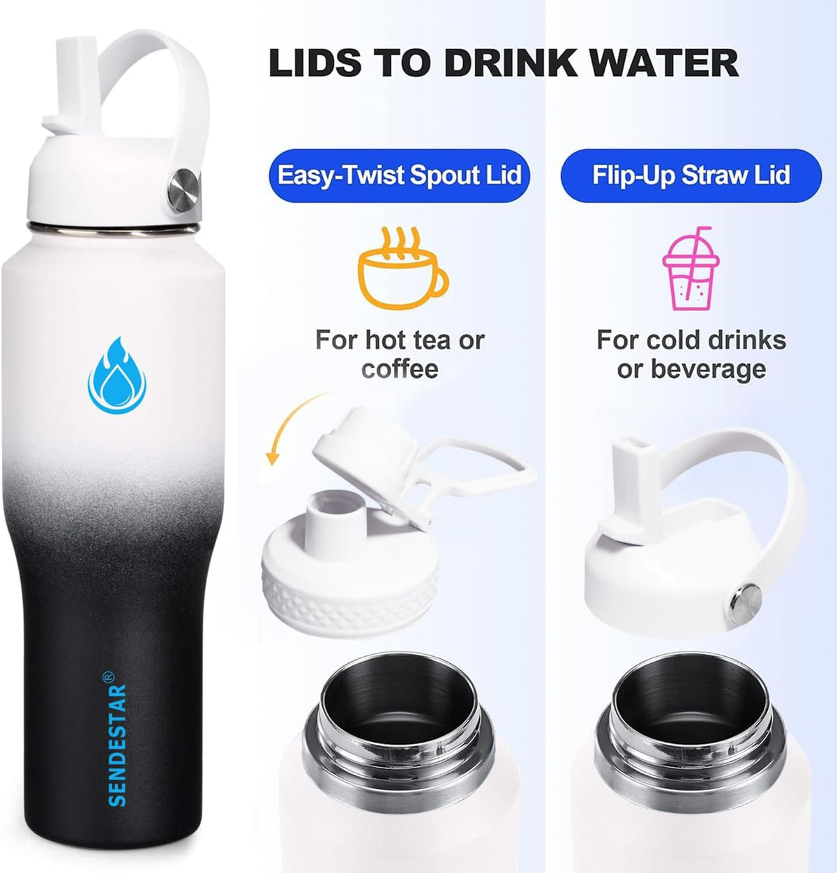 SENDESTAR 32oz Water Bottle Wide Mouth Stainless Steel Vacuum Insulated Double Wall with 2 Straw Lids Fit in Any Car Cup Holder TXIN-32-DN-1