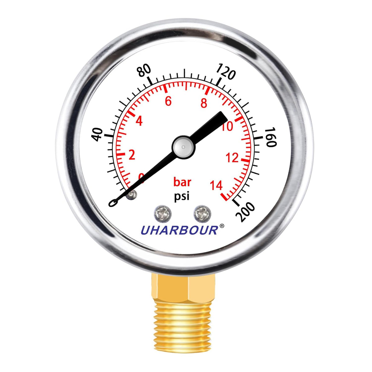 Lead-Free Pressure Gauge 1/4 NPT 0-200 Psi 2" Dial Stainless Steel Case, 1/4 NPT Lower Mount Pressure Gauge