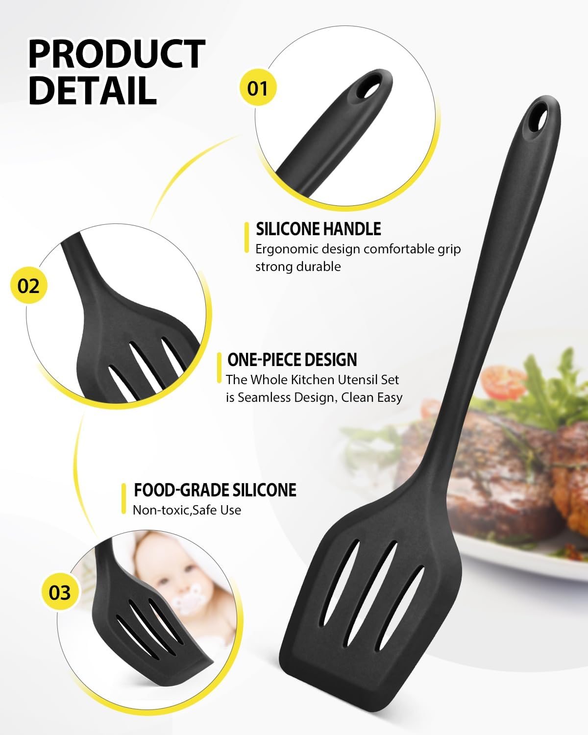 4 Pcs Silicone Kitchen Utensils Set, Wok Spatulas-Slotted Turner-Cooking Spoon-Slotted Spoon, Nonstick BPA Free High Heat Resistant Cooking Utensils for Frying, Mixing, Serving, Draining, Stirring