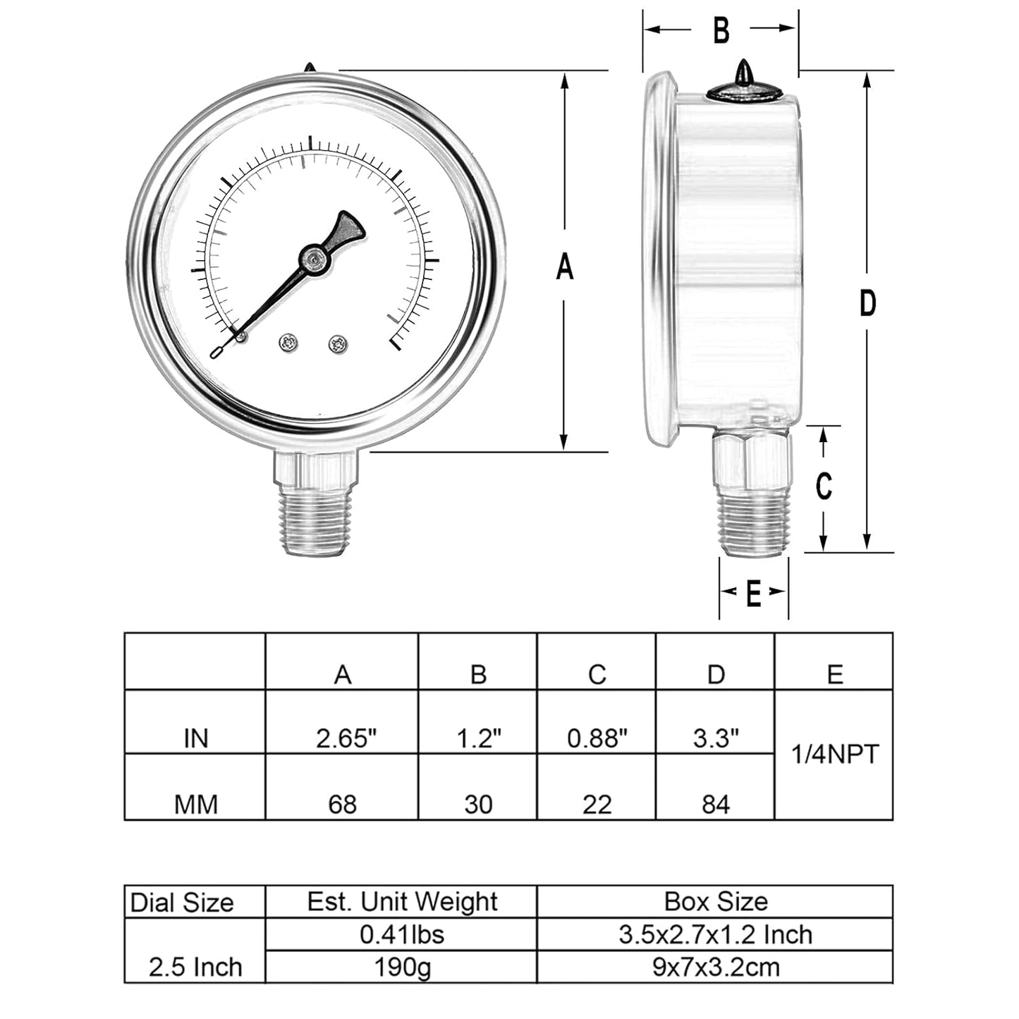 Glycerin Filled Pressure Gauge 10000psi/700bar, Stainless Steel case, Brass Inside Construction, 2-1/2" dial, 1/4" NPT Rear Connection.