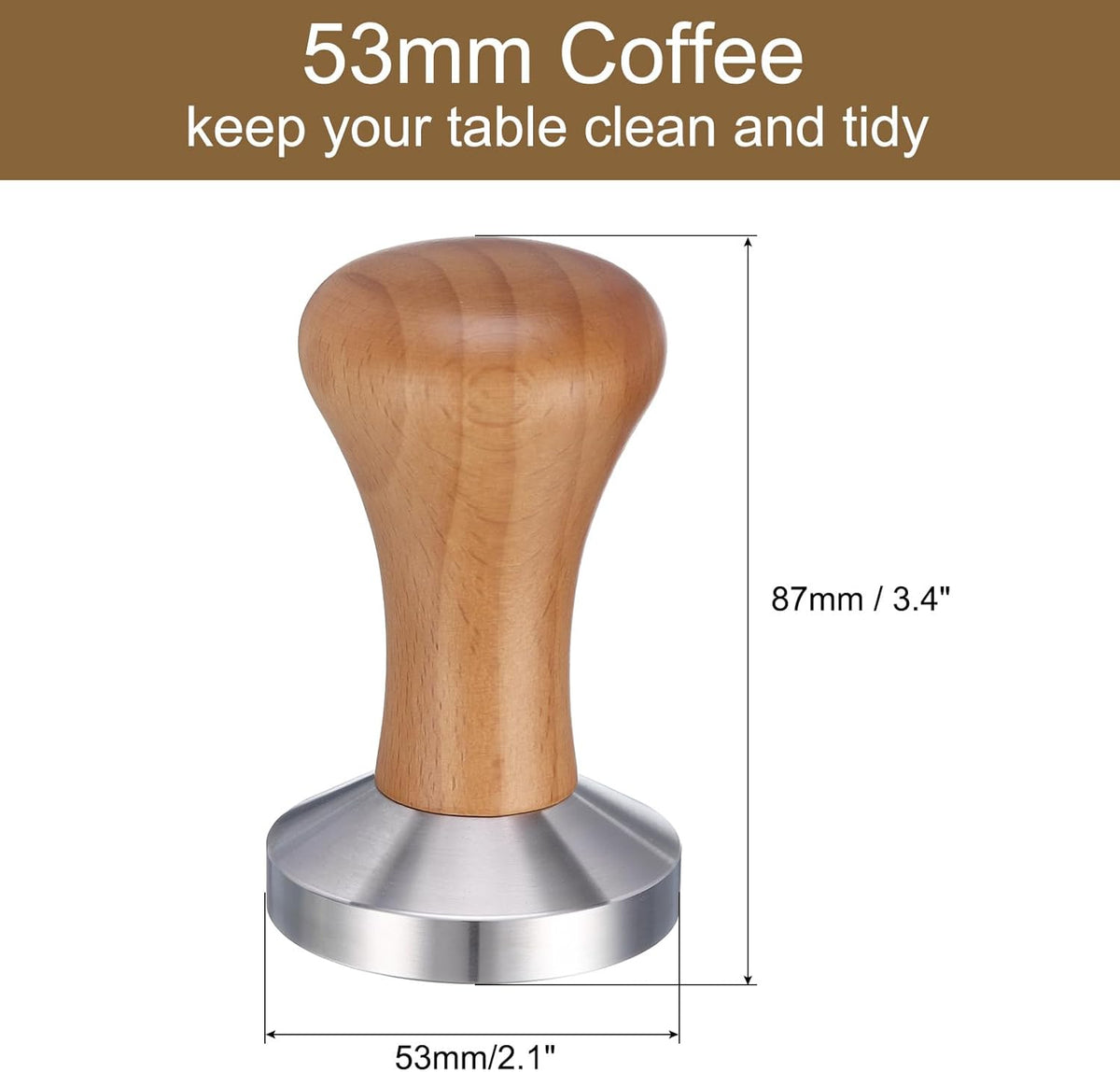 uxcell 53mm Espresso Tamper, Stainless Steel Press Tool Tamper with Wooden Handle, Espresso Accessories for Baristas, Home, Shops, Cafe (Flat Base, Deep Wooden)