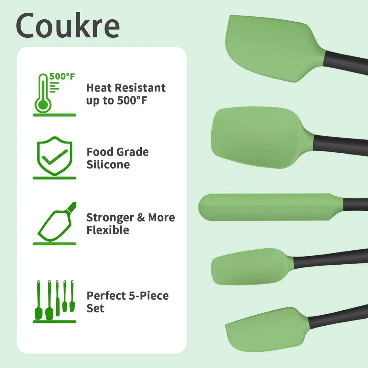 Coukre Silicone Spatula Set of 5,High Temperature Resistant, Food Grade Silicone, Dishwasher Safe, for Baking, Cooking (5, Grass Green)