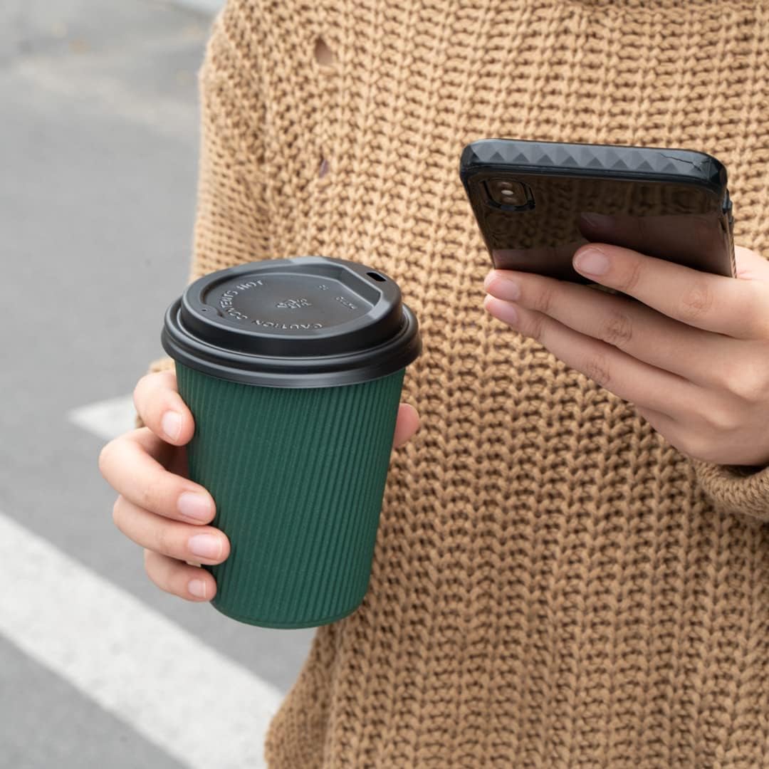 Restaurantware-12 Ounce Disposable Coffee Cups, 500 Ripple Wall Hot Cups For Coffee - Lids Sold Separately, Rolled Rim, Forest Green Paper Insulated Coffee Cups, For Hot Coffee, Tea, And More