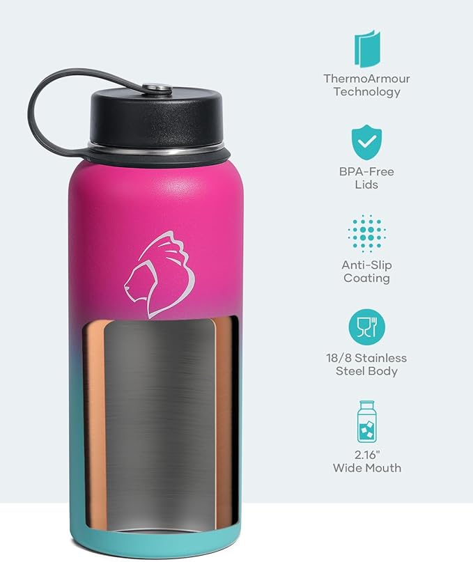 BUZIO Insulated Water Bottle with Straw Lid and Flex Cap, 32oz Double Wall Vacuum Stainless Steel Thermo with Wide Mouth Lid, Cold 48 Hrs Hot 24 Hrs Sweat Proof Flask, Rose and Green