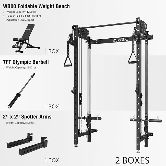 Mikolo Folding Squat Rack, Wall Mounted Power Rack with Cable Crossover Machine & LAT Pull Down, Functional Trainer with 5 Adjustable Function Modes, for Home Gym and Space Saving
