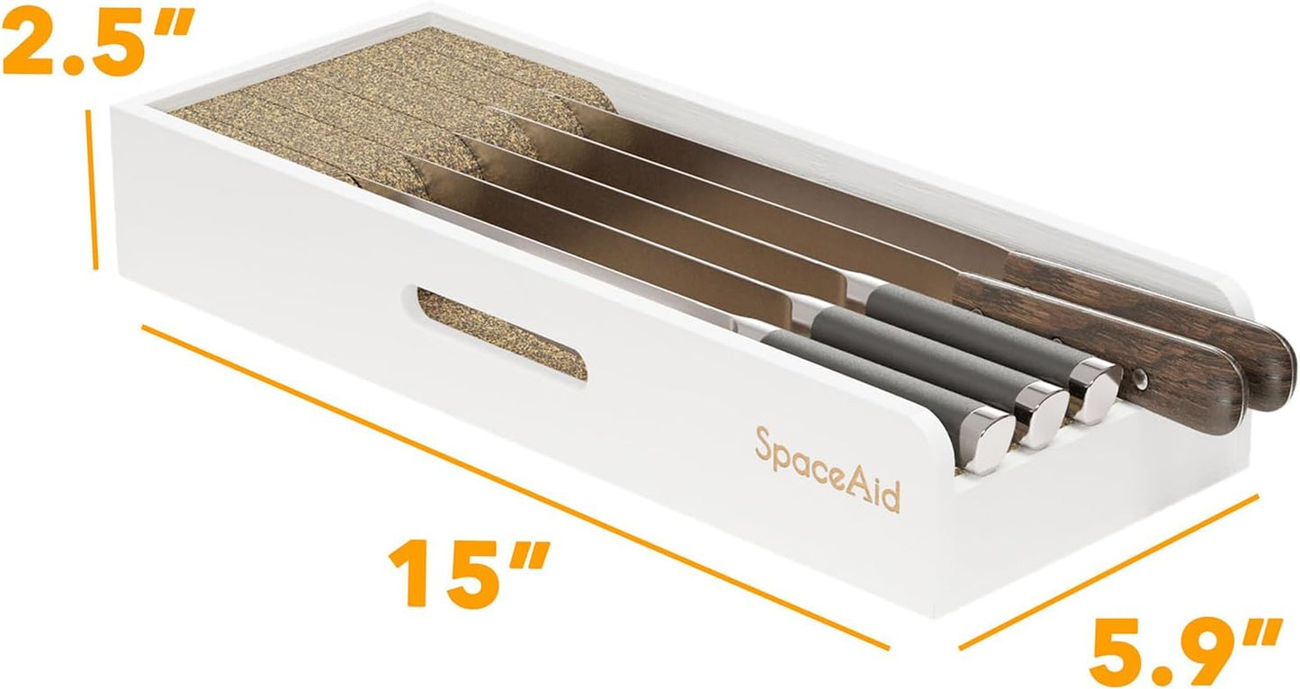 SpaceAid Knife Drawer Organizer Bamboo Insert Dock, Kitchen Steak Knives Holder Organizers Block for Drawer in Storage Organization (Small, White)