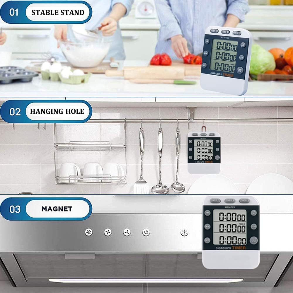 Digital Dual Kitchen Timer for Cooking, 3 Channels Count Down/up Triple Multi Timers for Food, Magnetic Memory-Preset Large-Display Adjustable Alarm Volume, 3A Battery Included